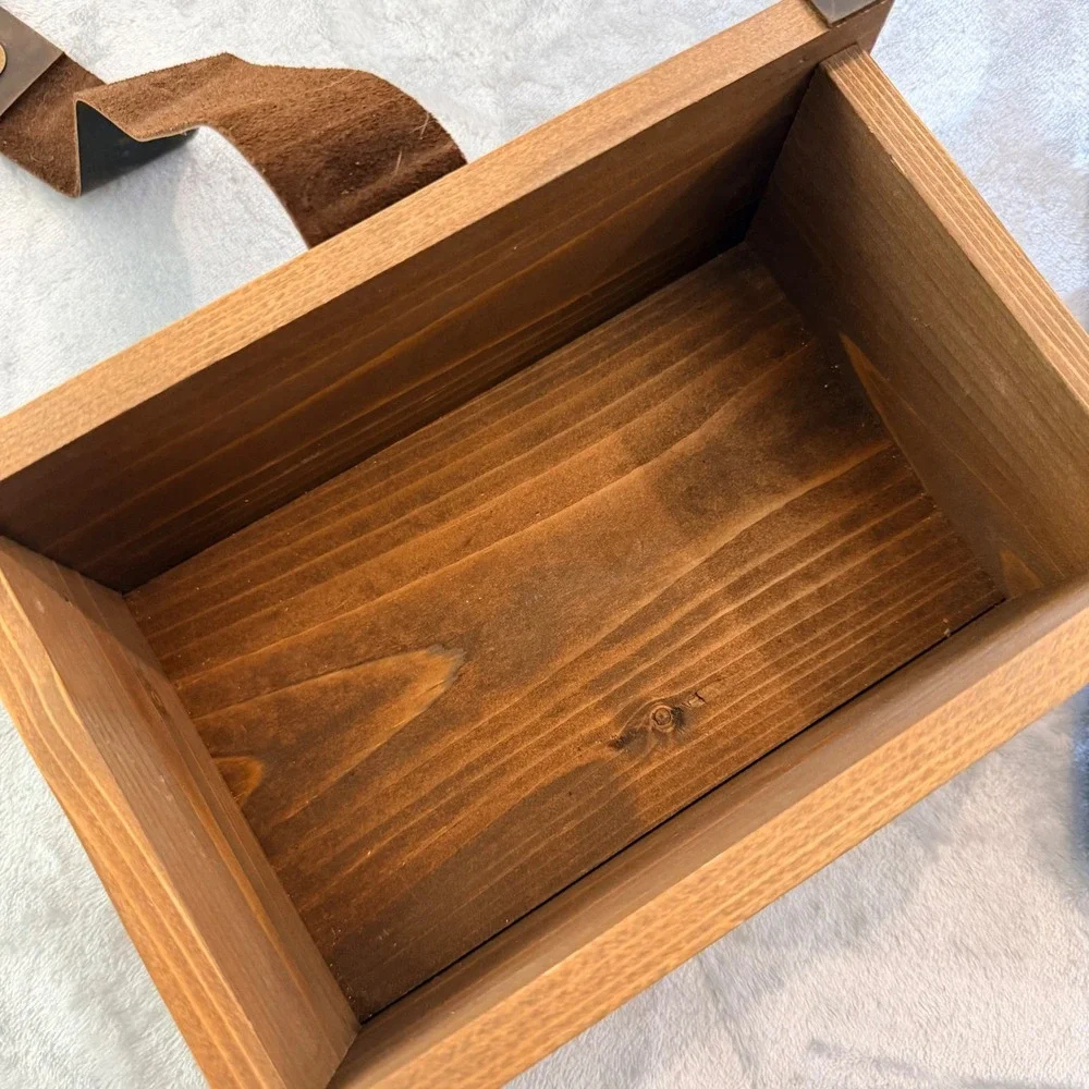 Handmade Wooden Valet Box with Leather Strap and Integrated Rolling Tray Lid